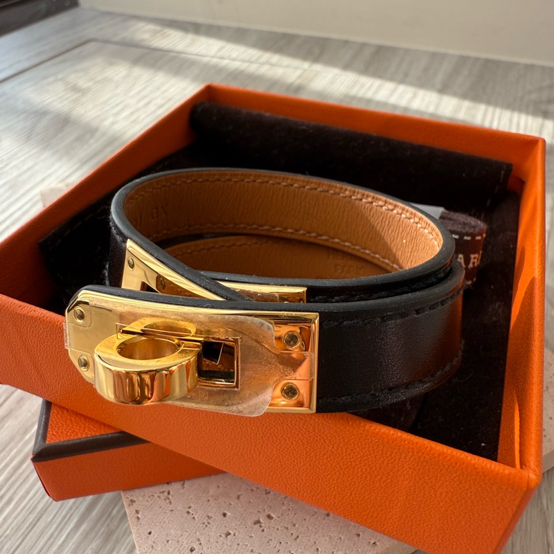 HERMES Kelly金釦 黑色雙環皮手環 T刻-1