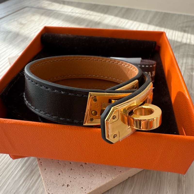 HERMES Kelly金釦 黑色雙環皮手環 T刻-2