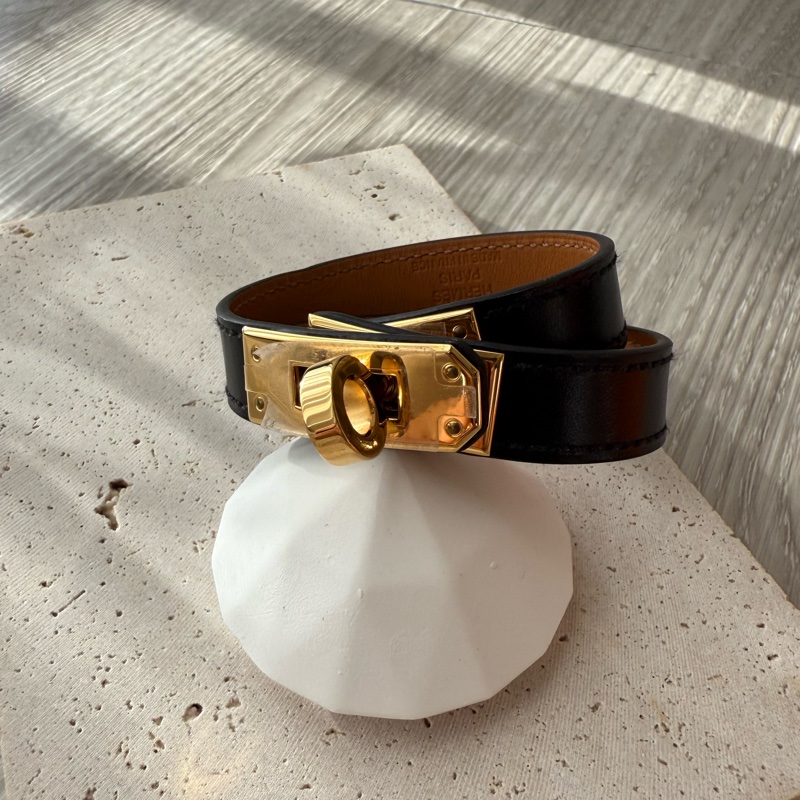 HERMES Kelly金釦 黑色雙環皮手環 T刻-5