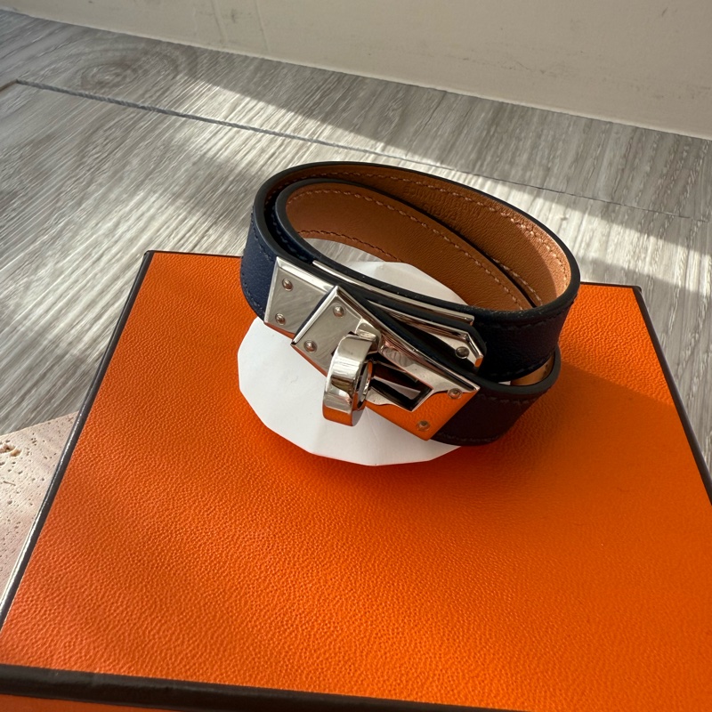 HERMES Kelly銀釦 藍色雙環皮手環 XS 框R刻-0