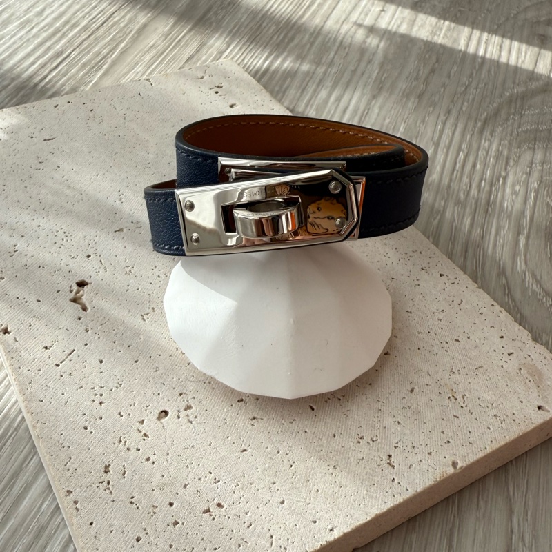 HERMES Kelly銀釦 藍色雙環皮手環 XS 框R刻-1