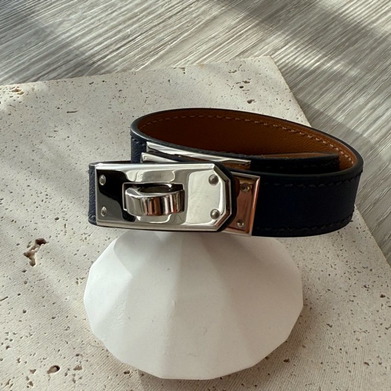 HERMES Kelly銀釦 藍色雙環皮手環 XS 框R刻-2