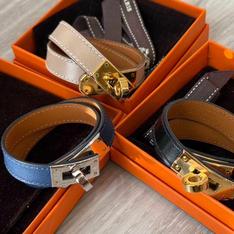HERMES Kelly銀釦 藍色雙環皮手環 XS 框R刻-6