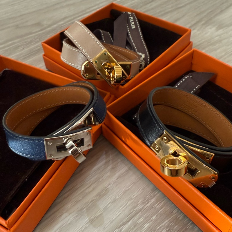 HERMES Kelly銀釦 藍色雙環皮手環 XS 框R刻-7