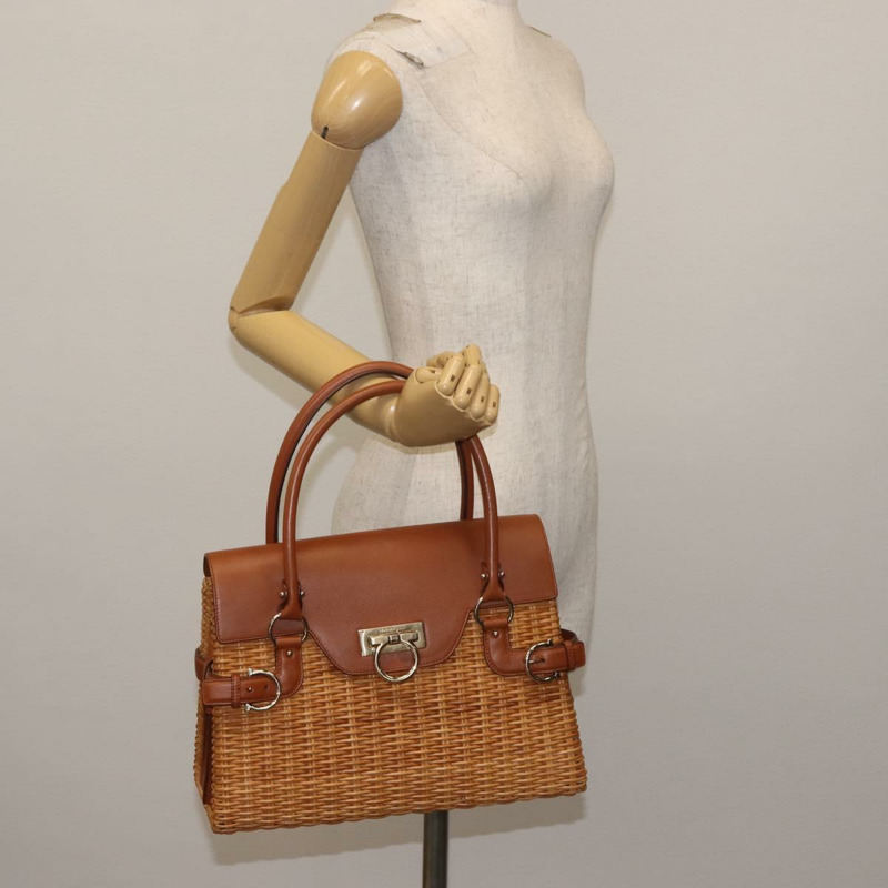 【日本直送】Salvatore Ferragamo Gancini 手提包 藤條 米色 金色 正品 145326-20