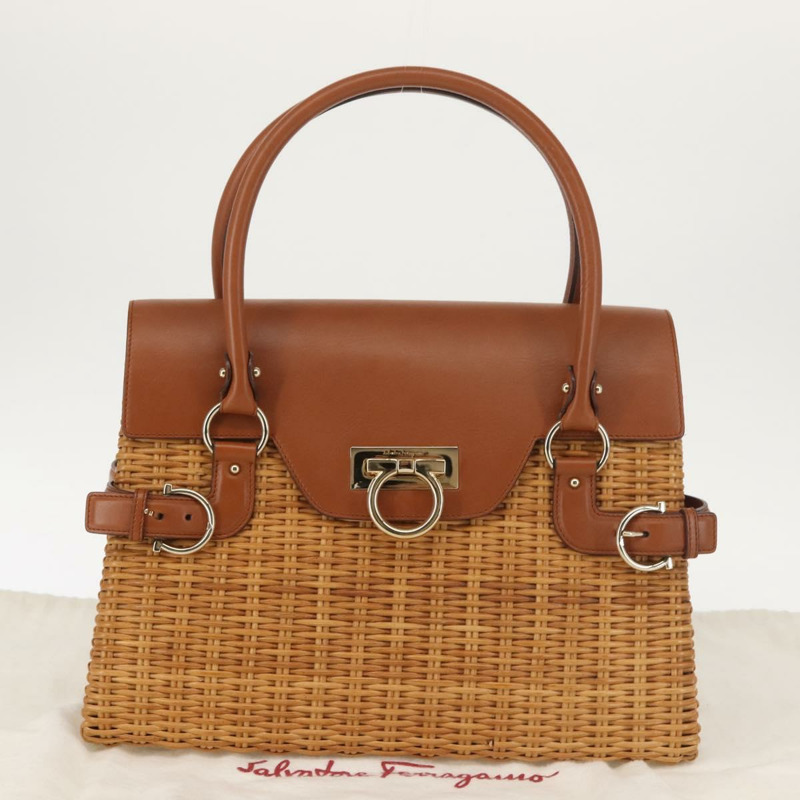 【日本直送】Salvatore Ferragamo Gancini 手提包 藤條 米色 金色 正品 145326-21