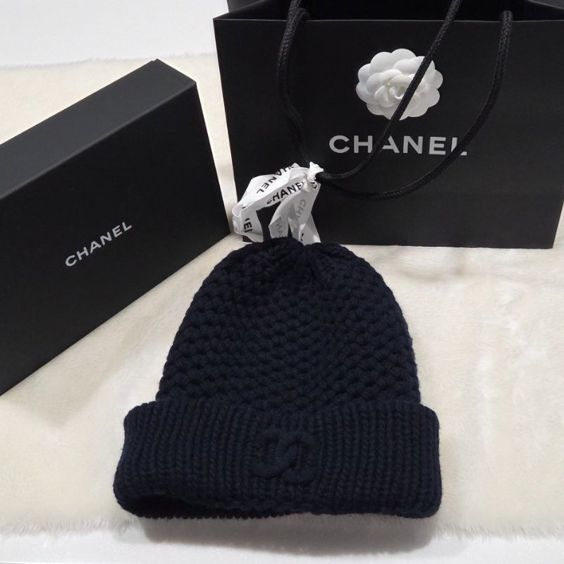 Chanel香奈兒經典雙C logo藏藍黑喀什米爾羊絨毛帽/ 冷帽/ 保暖帽/ 針織帽/ 泰迪熊帽厚度-0