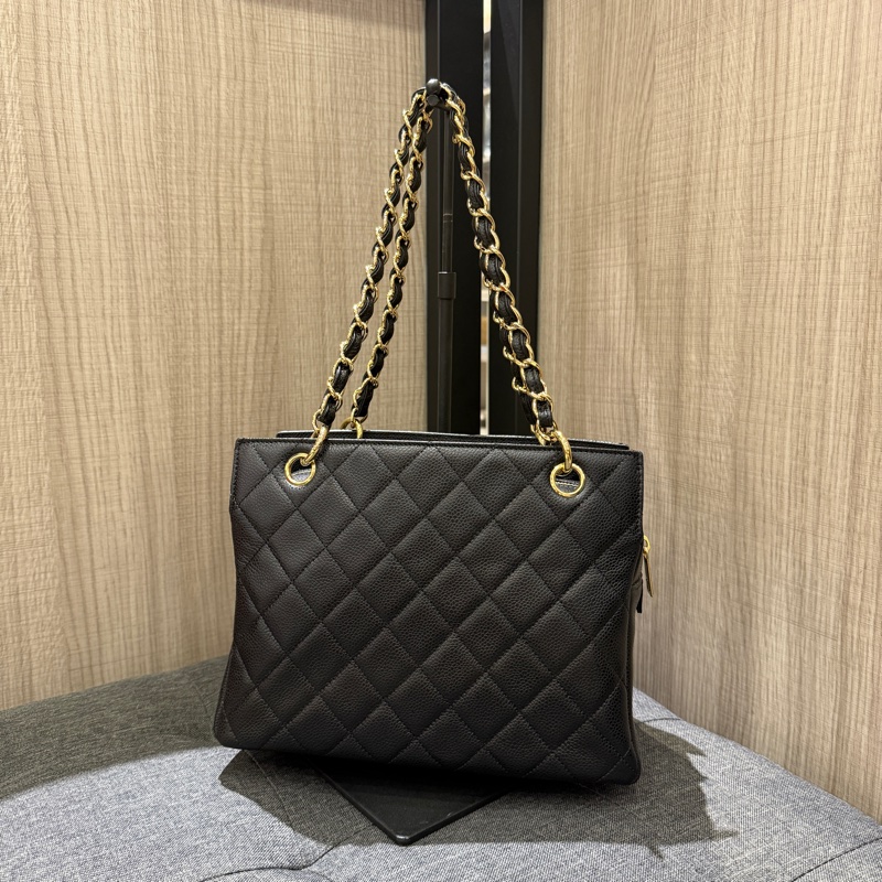 絕版極新 Chanel 黑色荔枝牛皮金鏈手提包 肩背包 豆腐包-1