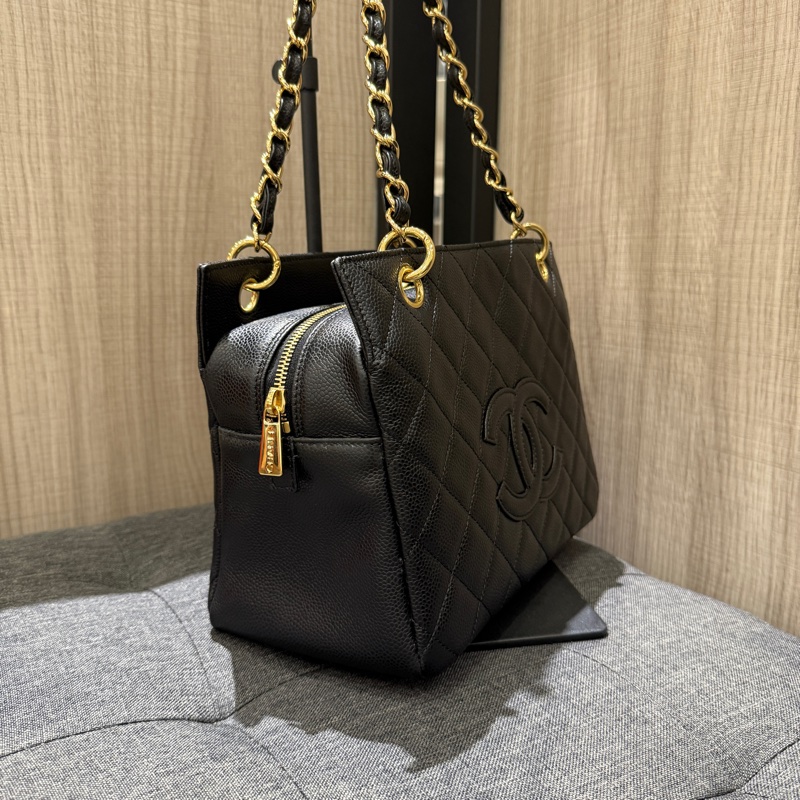 絕版極新 Chanel 黑色荔枝牛皮金鏈手提包 肩背包 豆腐包-2