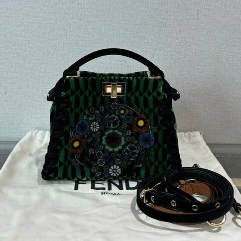 FENDI peekaboo絲絨刺繡金扣帶小號 23*17*10 全新閒置配件塵袋