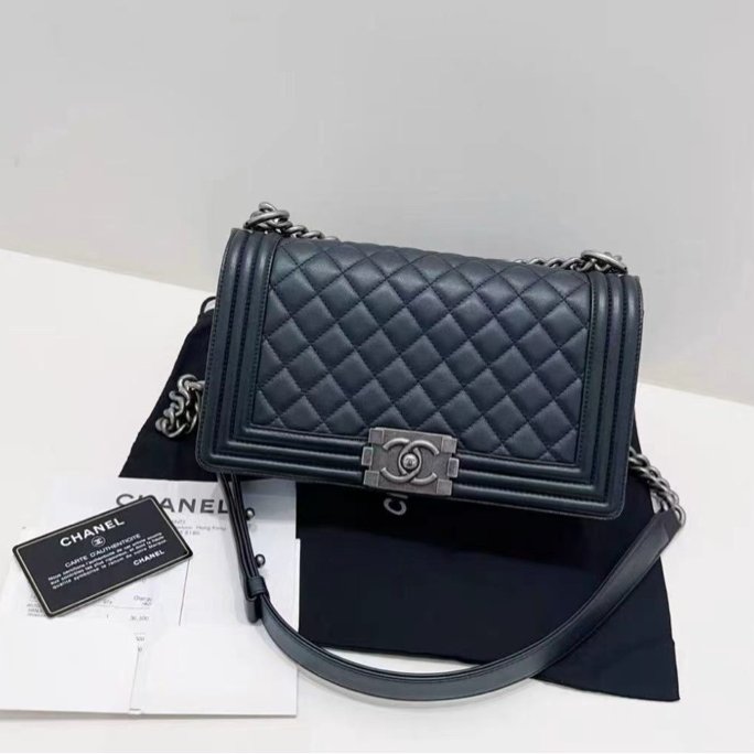 Chanel Leboy 中號 黑銀牛皮鍊條包 26開有卡配件塵袋盒子購證 99新 15*25*9-0