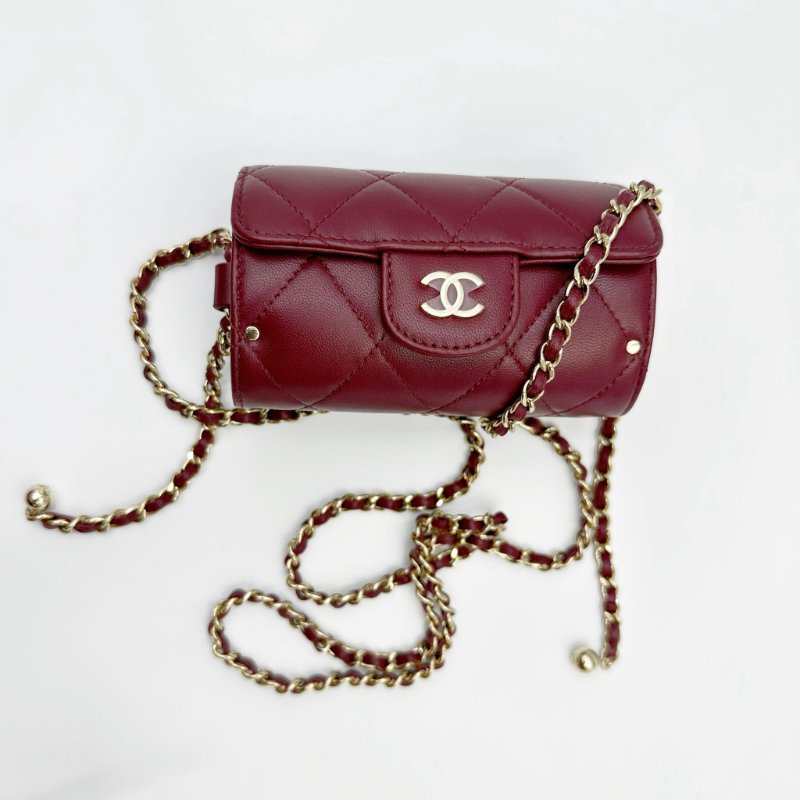 CHANEL Jewel Card Holder with chain 羊皮圓筒型迷你袋-0