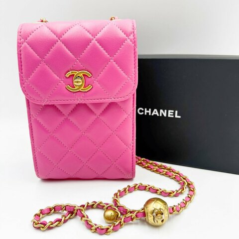 CHANEL Pearl Crush Phone Holder小金球菱格紋珍珠口蓋手機袋
