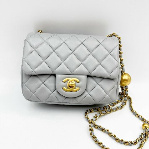 CHANEL mini square classic 17cm with gold ball 經典小金球灰色羊皮17方胖子
