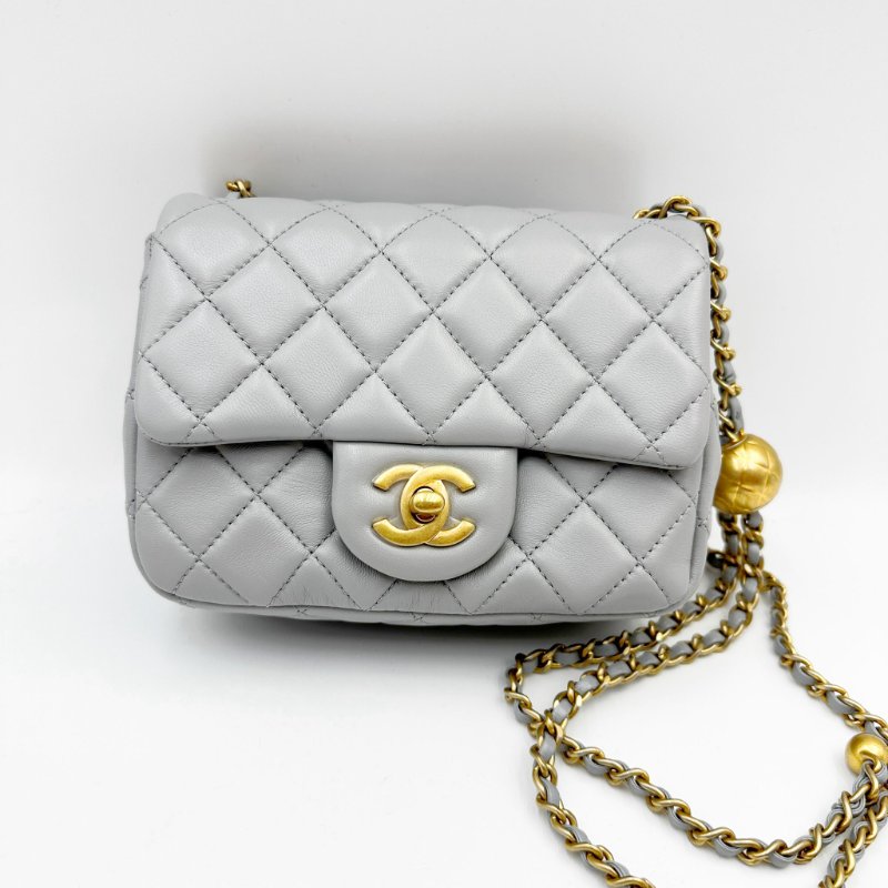 CHANEL mini square classic 17cm with gold ball 經典小金球灰色羊皮17方胖子-0