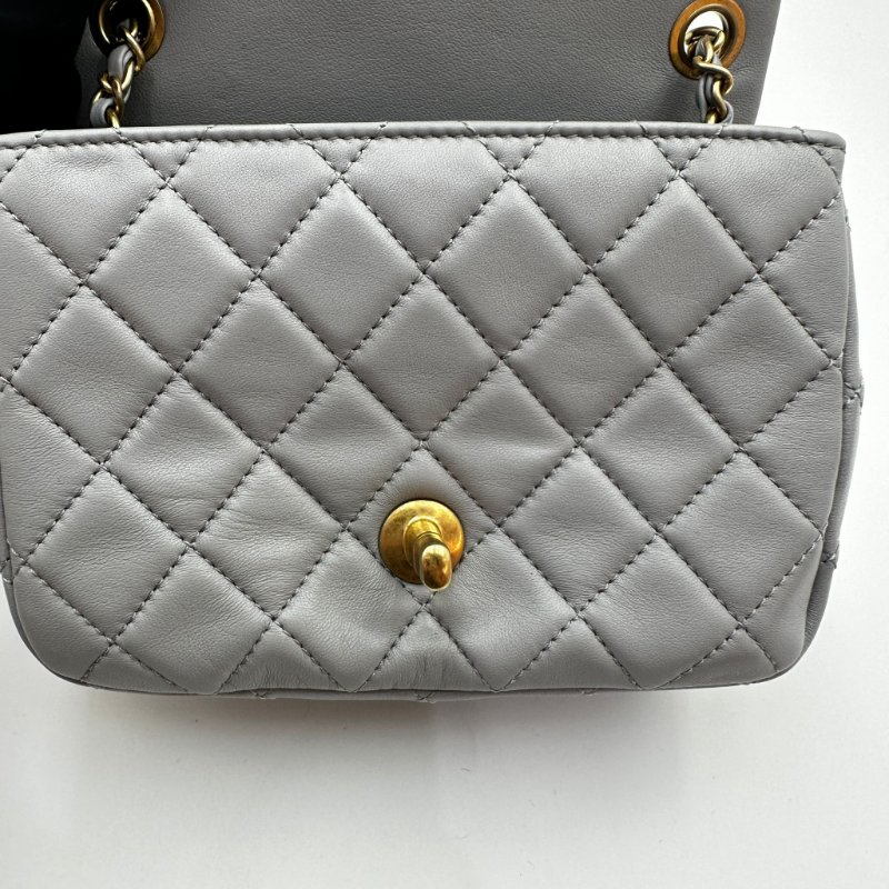 CHANEL mini square classic 17cm with gold ball 經典小金球灰色羊皮17方胖子-9