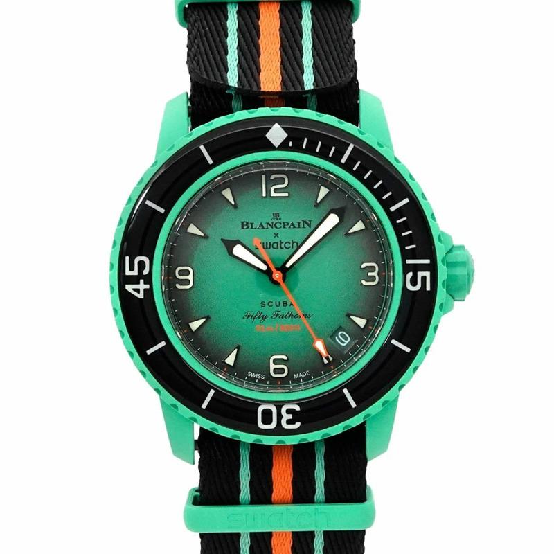 Swatch Blancpain x Fifty Fathoms Pacific Ocean SO35I100 男士腕錶帶日期顯示,綠色,自動機芯-1