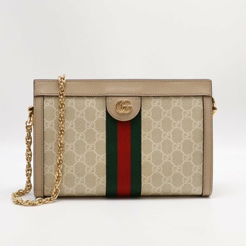 GUCCI Ophidia紅綠織帶夾子包- 中號米