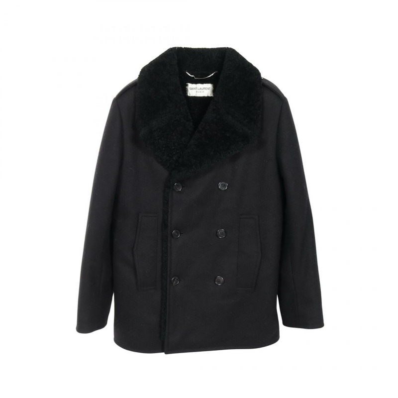 SAINT LAURENT PARIS 雙排扣豌豆大衣 羊毛 黑色 44 碼 二手男式-0