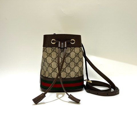 Gucci PVC咖牛皮邊Ophidia束口mini斜背水桶包
