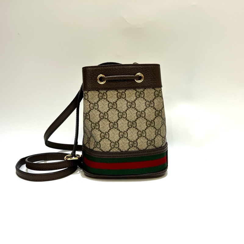 Gucci PVC咖牛皮邊Ophidia束口mini斜背水桶包-1