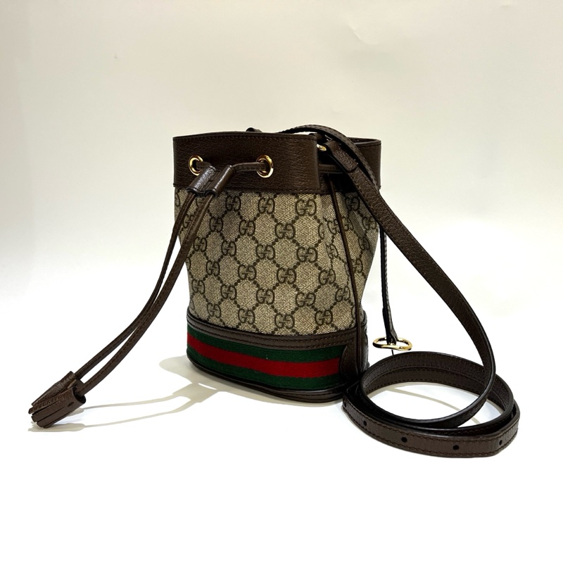 Gucci PVC咖牛皮邊Ophidia束口mini斜背水桶包-2