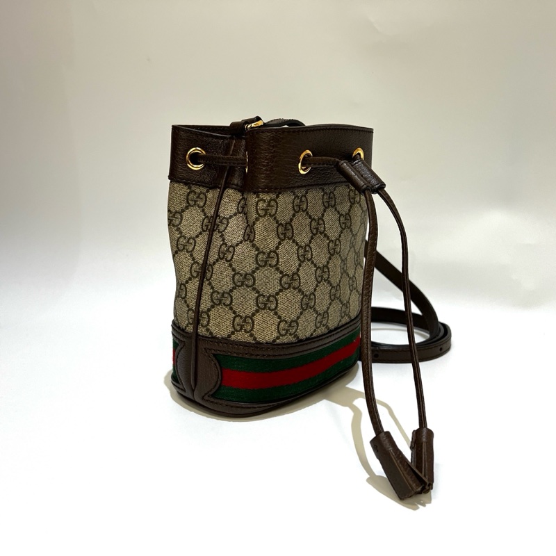 Gucci PVC咖牛皮邊Ophidia束口mini斜背水桶包-3
