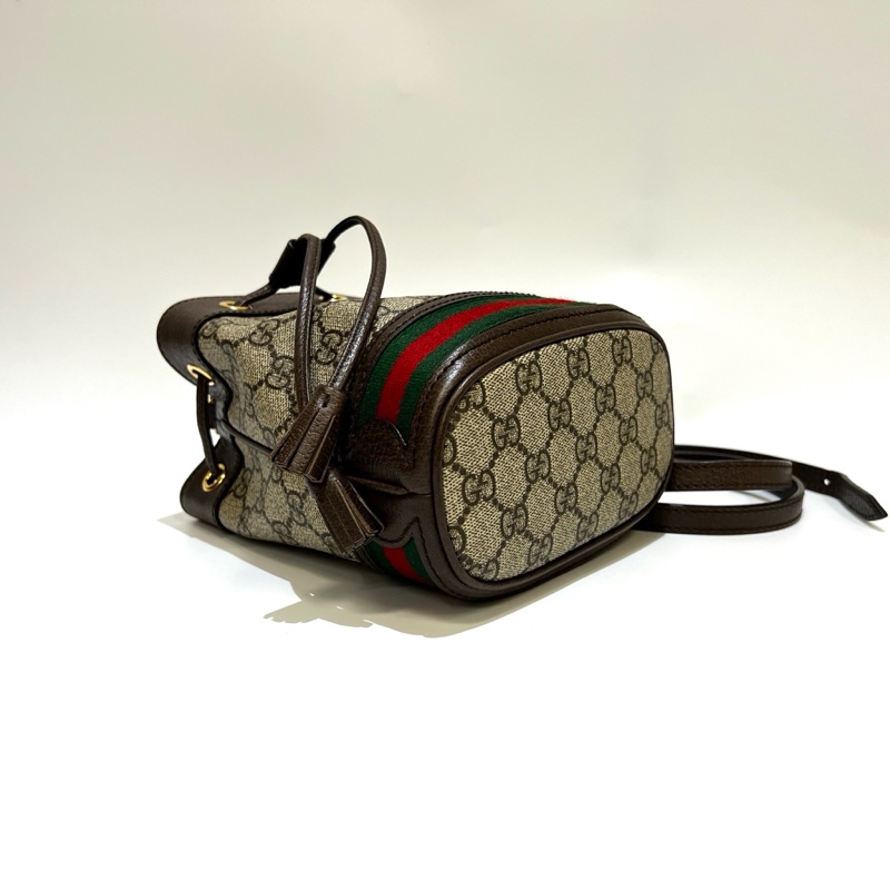 Gucci PVC咖牛皮邊Ophidia束口mini斜背水桶包-5