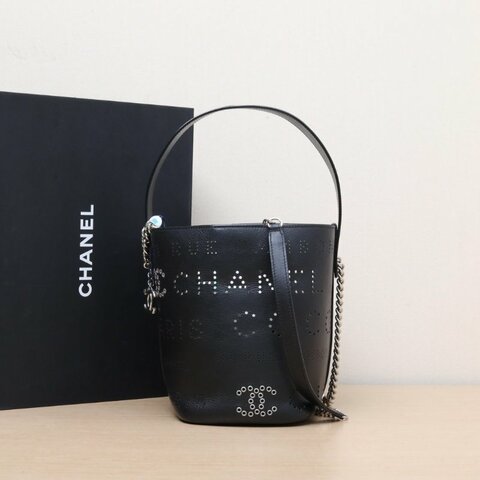 CHANEL 19P限量鏤空子母水桶包花呢子袋菜籃子黑色牛皮27開銀扣肩背包
