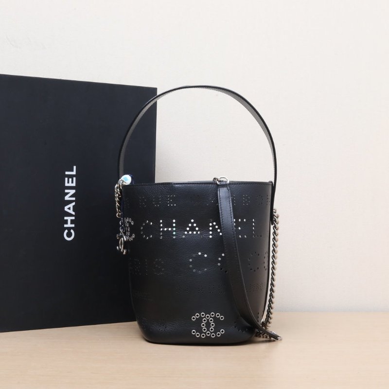CHANEL 19P限量鏤空子母水桶包花呢子袋菜籃子黑色牛皮27開銀扣肩背包-0