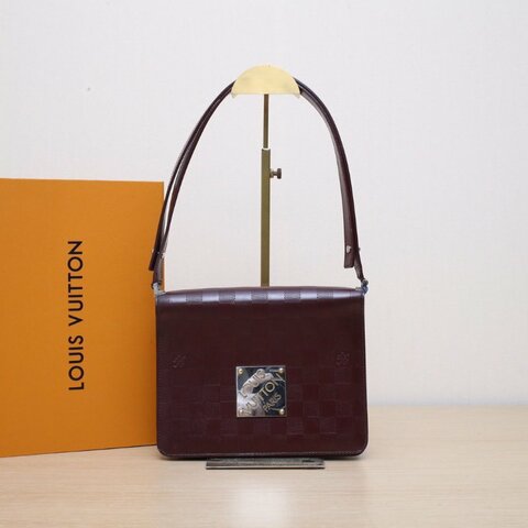 LOUIS VUITTON 酒紅色牛皮淺金扣2001中古小方包棋盤格肩背包
