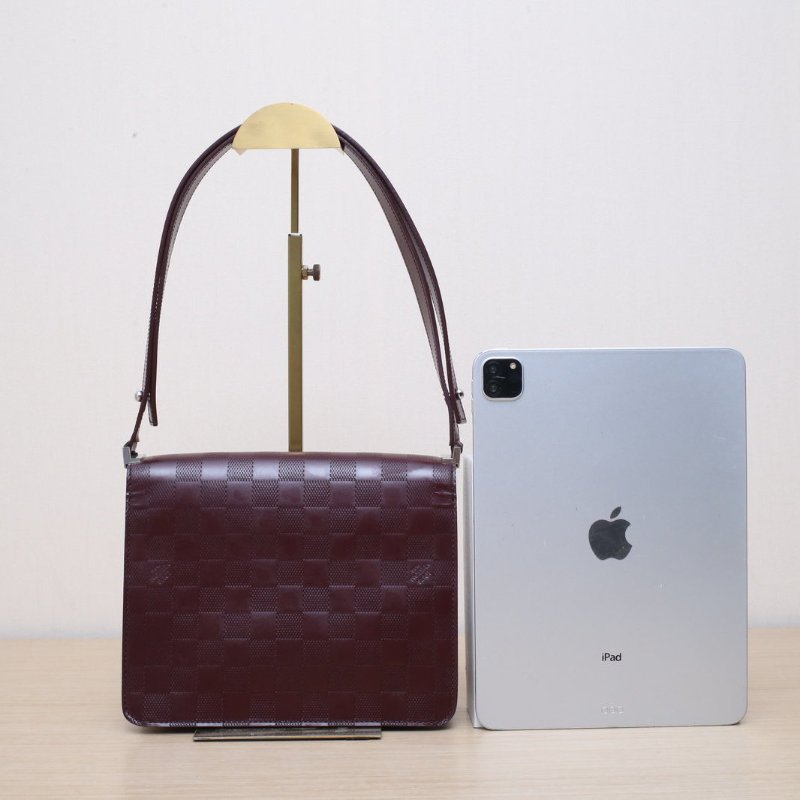 LOUIS VUITTON 酒紅色牛皮淺金扣2001中古小方包棋盤格肩背包-1