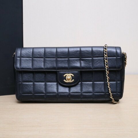 CHANEL 黑色羊皮6開金扣中古冰格法棍包單肩包肩背包