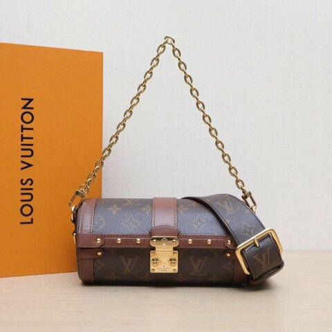 LOUIS VUITTON PAPILLON巴比龍TRUNK鏈條圓桶包老花PVC晶片巴比倫斜挎包肩背包