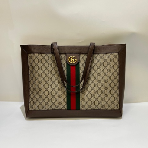 Gucci PVC咖牛皮霧金GG Ophidia大號橫式肩背托特包