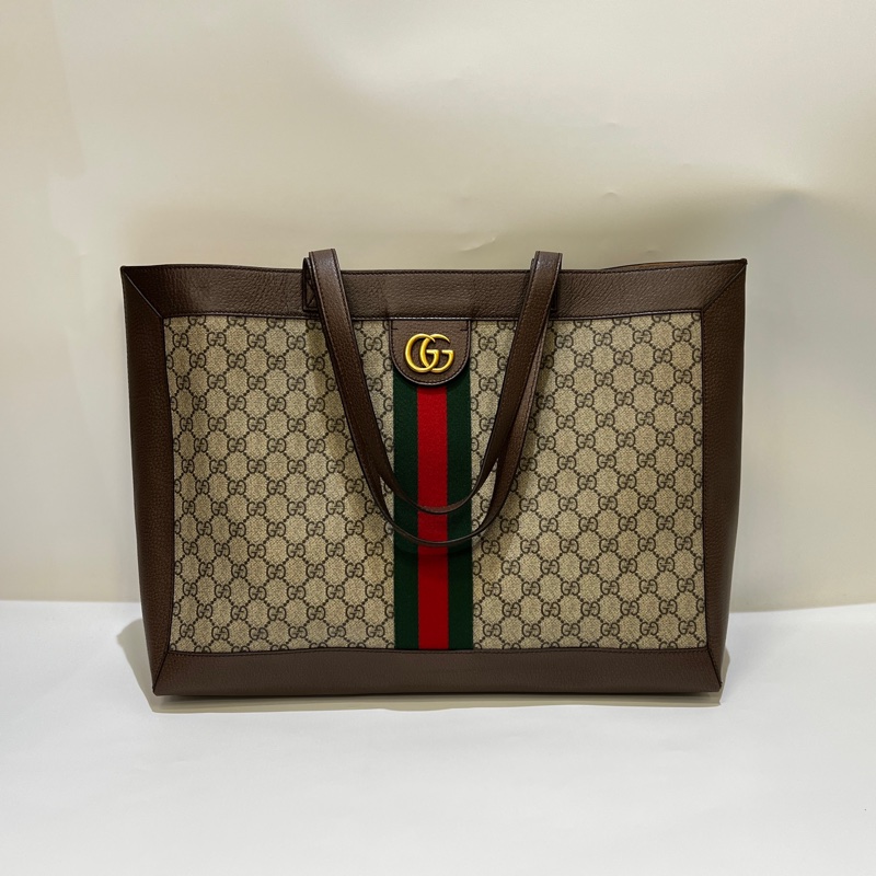 Gucci PVC咖牛皮霧金GG Ophidia大號橫式肩背托特包-0