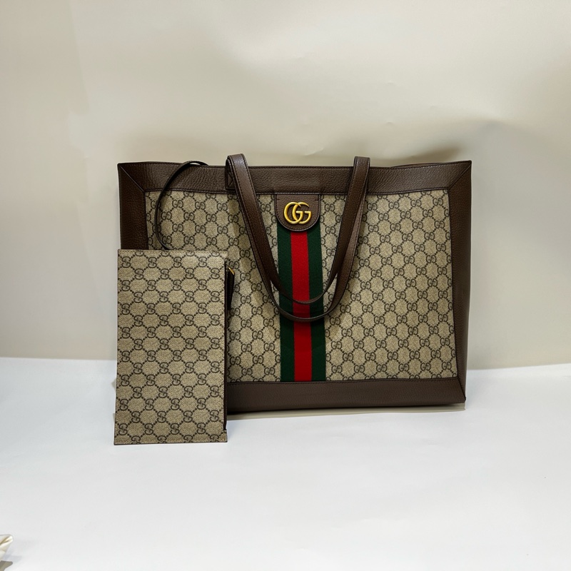 Gucci PVC咖牛皮霧金GG Ophidia大號橫式肩背托特包-1