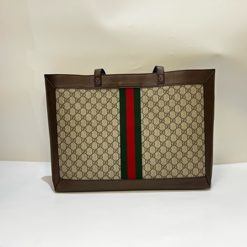 Gucci PVC咖牛皮霧金GG Ophidia大號橫式肩背托特包-2