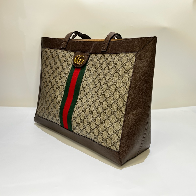 Gucci PVC咖牛皮霧金GG Ophidia大號橫式肩背托特包-3