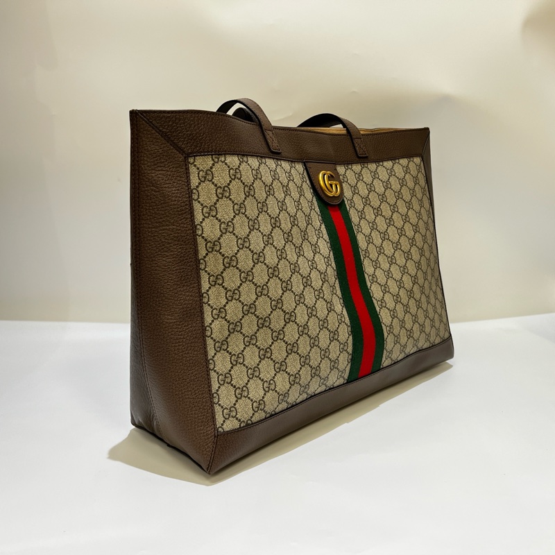 Gucci PVC咖牛皮霧金GG Ophidia大號橫式肩背托特包-4