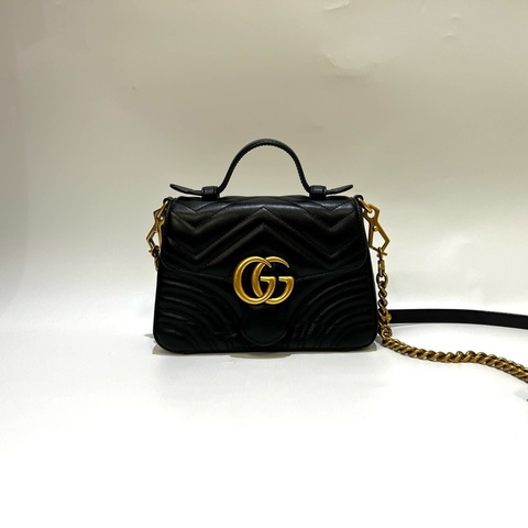 Gucci 黑牛皮霧金釦山型紋marmont手提斜背包
