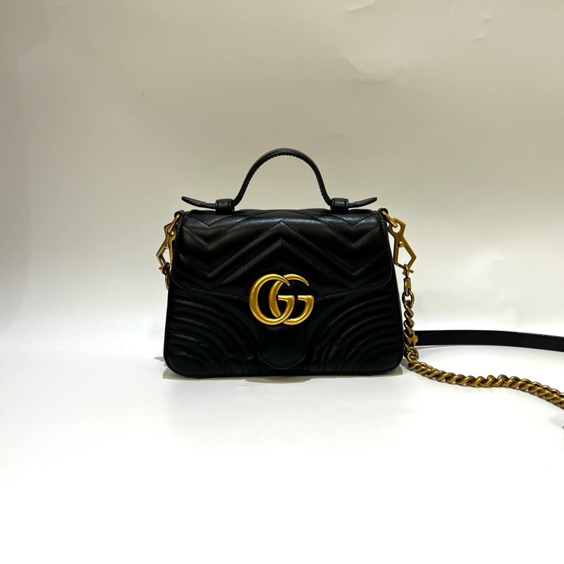 Gucci 黑牛皮霧金釦山型紋marmont手提斜背包-0