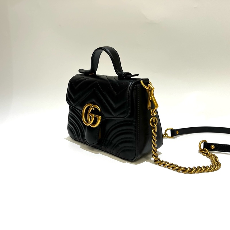 Gucci 黑牛皮霧金釦山型紋marmont手提斜背包-2