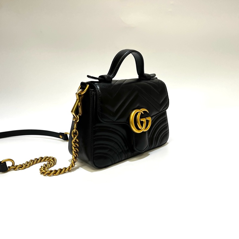 Gucci 黑牛皮霧金釦山型紋marmont手提斜背包-3