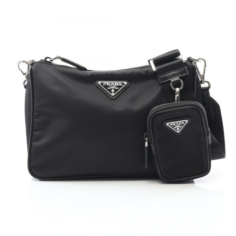 PRADA TESSUT 再生尼龍斜背包 2VH113 Saffiano 皮革 黑色 二手-0
