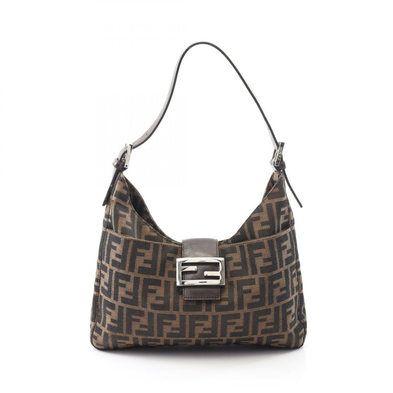 FENDI Zucca 肩背包帆布皮革棕色卡其色二手女式-0