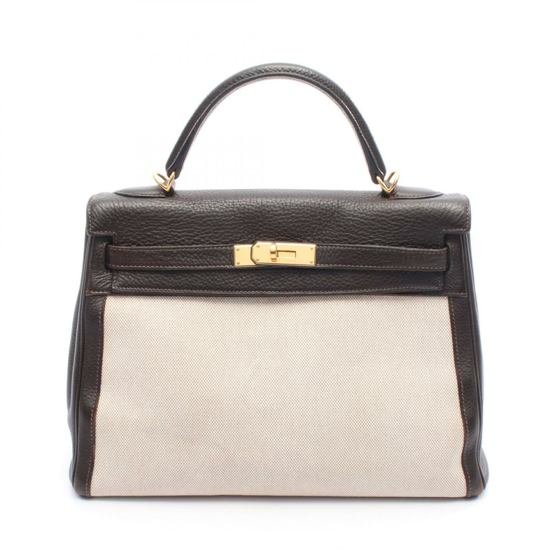 HERMES Kelly 32 單肩包 K 內縫 Toile H Togo Ecru 二手 GHW-0
