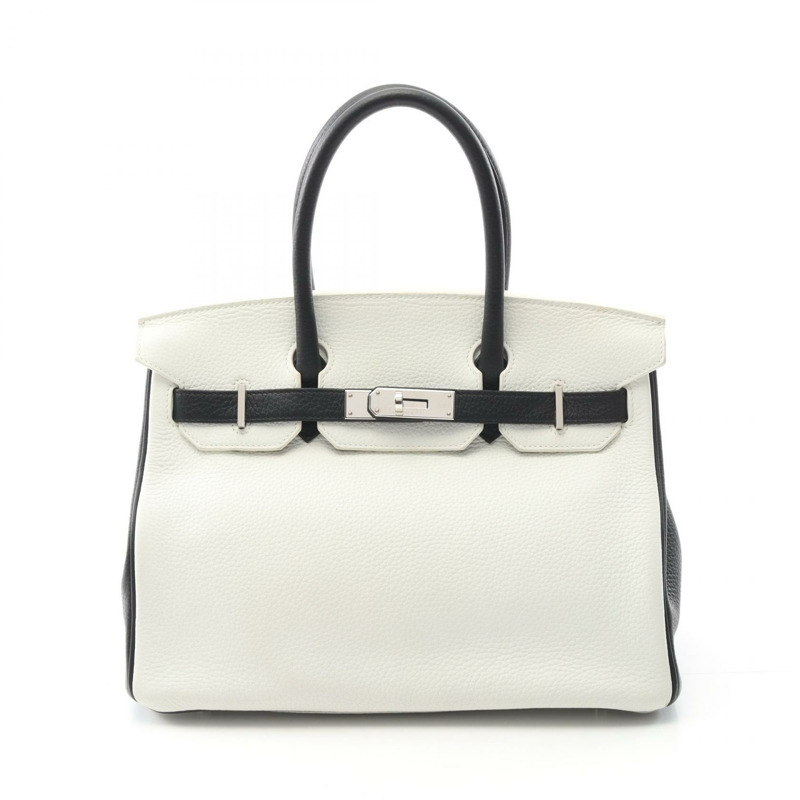 HERMES Birkin 30 手提包 Clemence 皮革 黑色 白色 二手 女款 D SHW-0