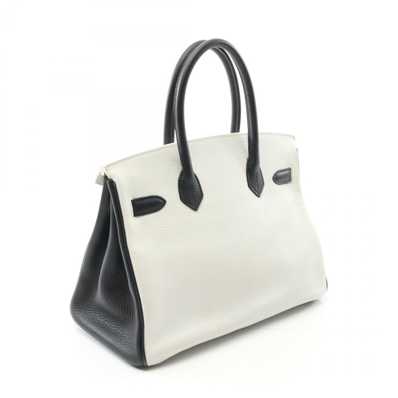 HERMES Birkin 30 手提包 Clemence 皮革 黑色 白色 二手 女款 D SHW-1