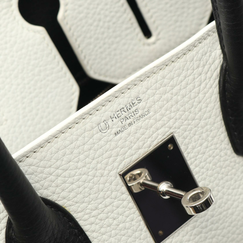 HERMES Birkin 30 手提包 Clemence 皮革 黑色 白色 二手 女款 D SHW-3